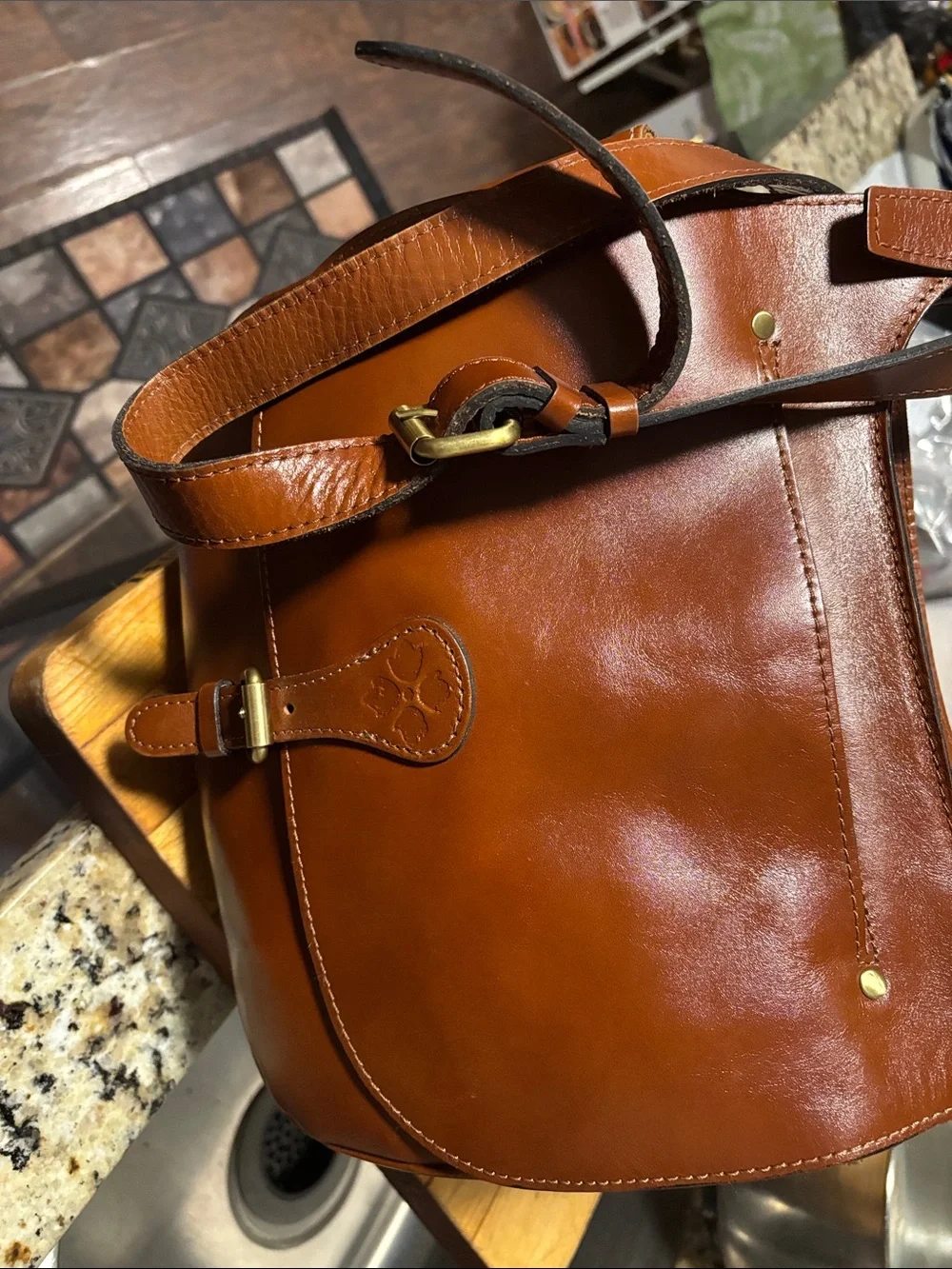 Patricia Nash Cog Brown Leather shoulder /crossbody Suede Interior bag- unisex